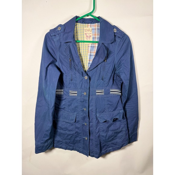 Free People Jackets & Blazers - Free People Blue Utility Field Jacket Plaid Lined Striped Waist Tie Women Size 4